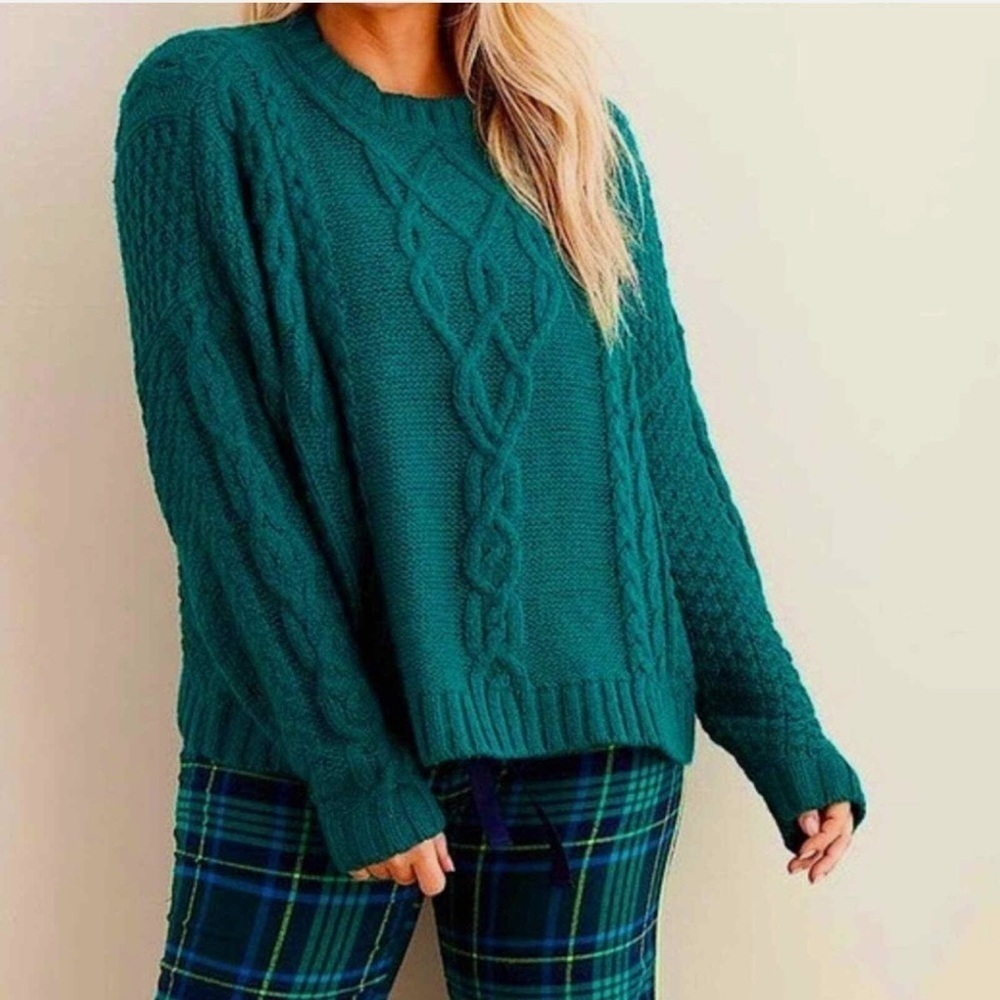 Aerie Linden Emerald Green Cable Knit Crewneck Pullover Sweater Womens Medium